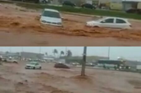 VALPARAÍSO DE GOIÁS | Chuva forte alaga a BR-040, rodovia que corta a cidade, e castiga comerciantes e moradores que estavam circulando pela região