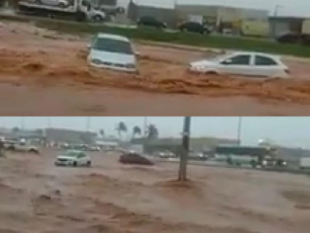 VALPARAÍSO DE GOIÁS | Chuva forte alaga a BR-040, rodovia que corta a cidade, e castiga comerciantes e moradores que estavam circulando pela região