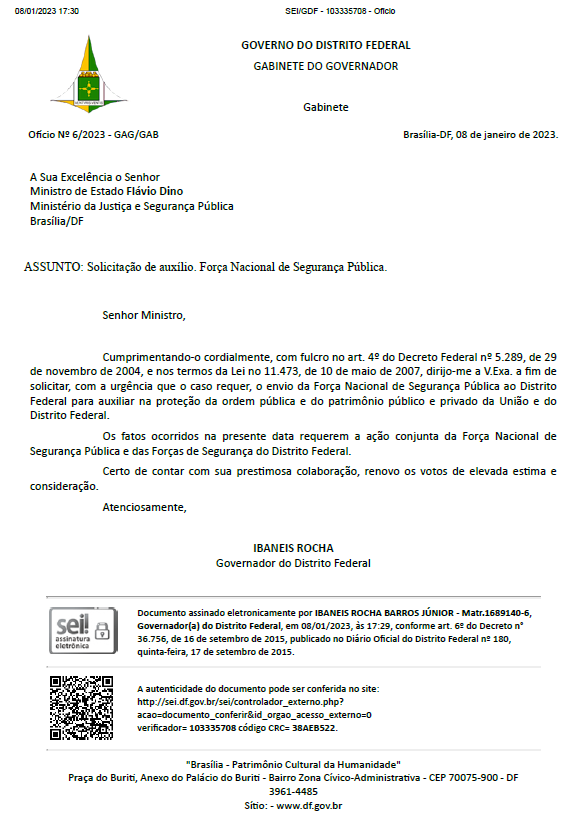 Ofício de Ibaneis Rocha para o ministro da Justiça e Segurança Pública