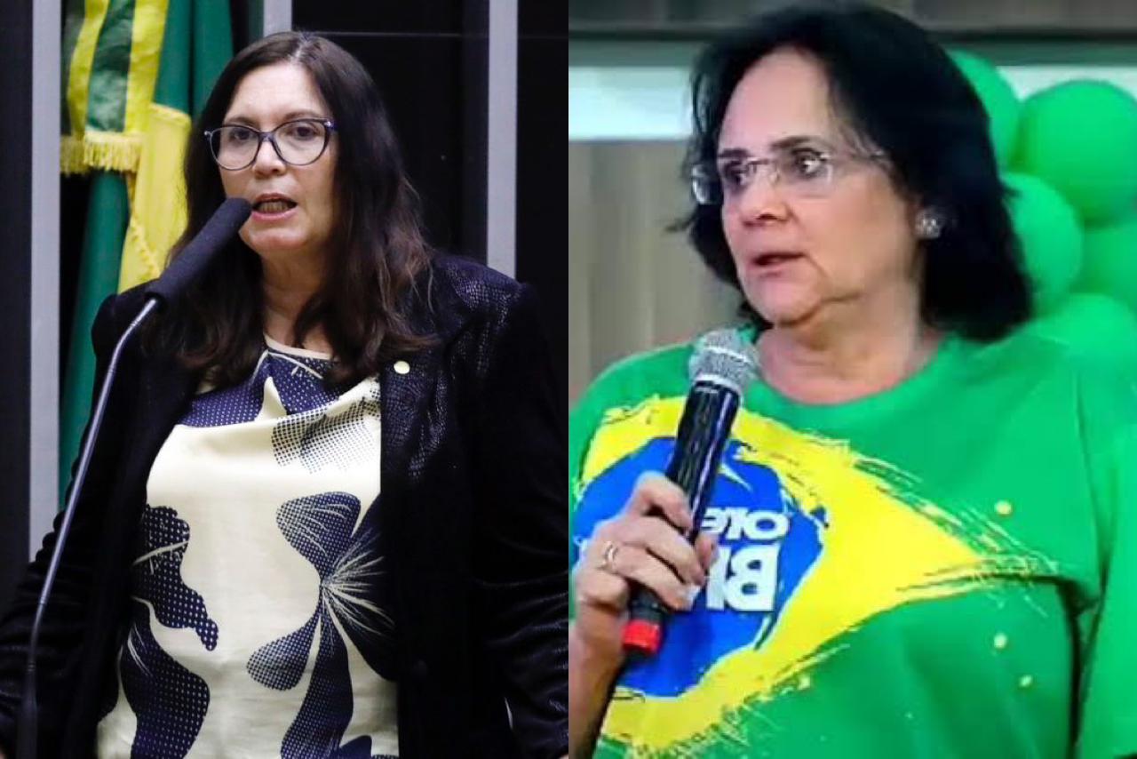 Foto montagem com a deputada Bia Kicis e a senadora Damares Alves