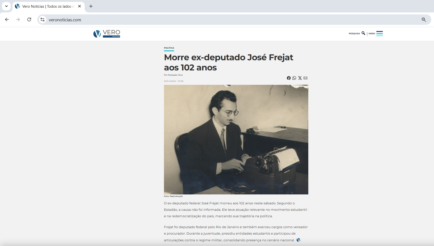 Amadorismo escancarado: Blog do Gim, Arruda e Vorcaro usa foto de Jofran Frejat ao anunciar morte de ex-deputado