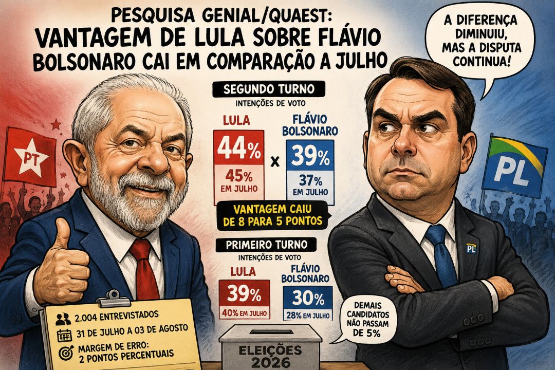 Nova Pesquisa Genial/Quaest aponta queda na vantagem de Lula sobre Flávio Bolsonaro